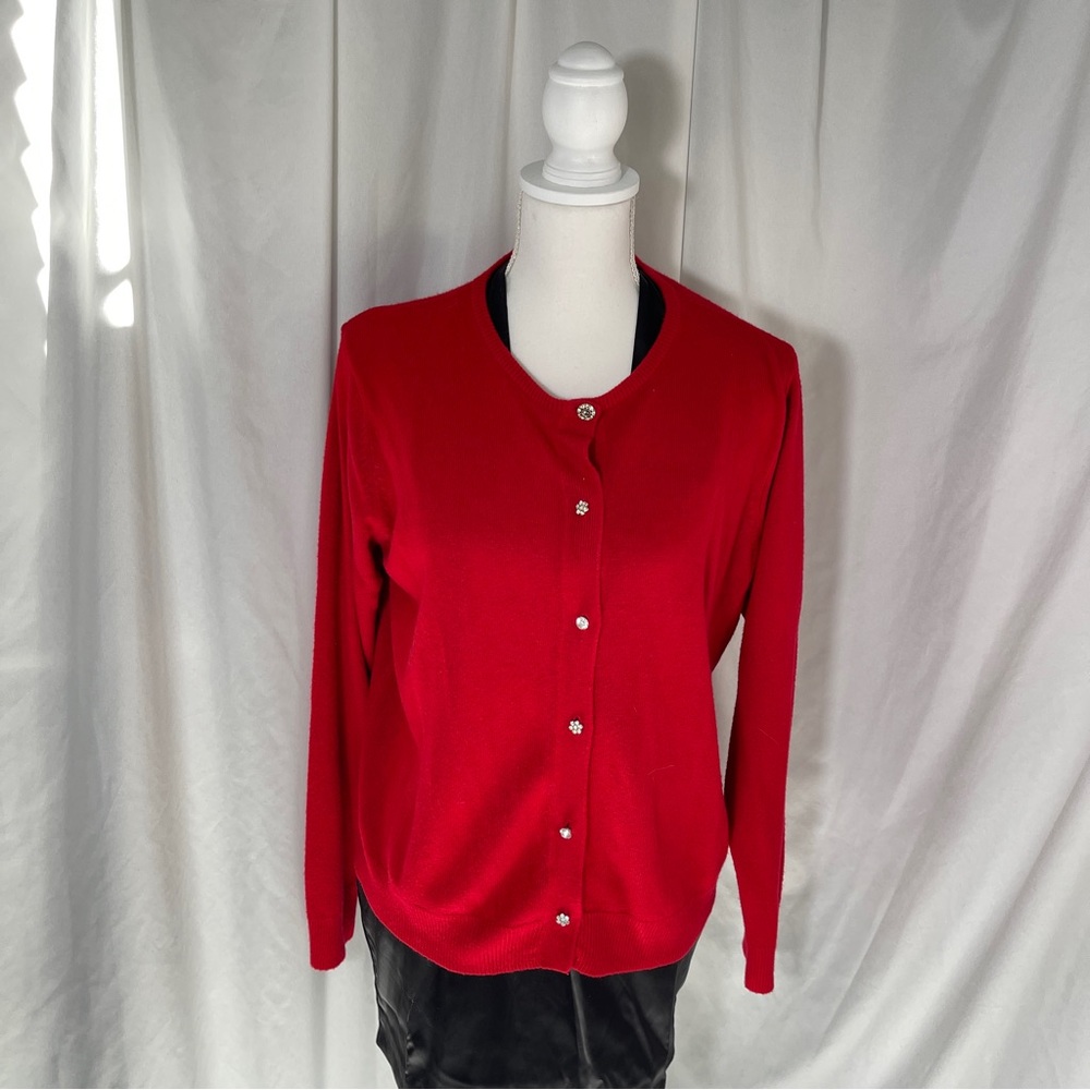 VINTAGE RED CARDIGAN w/ Staggered CRYSTAL BUTTONS- Large Petite